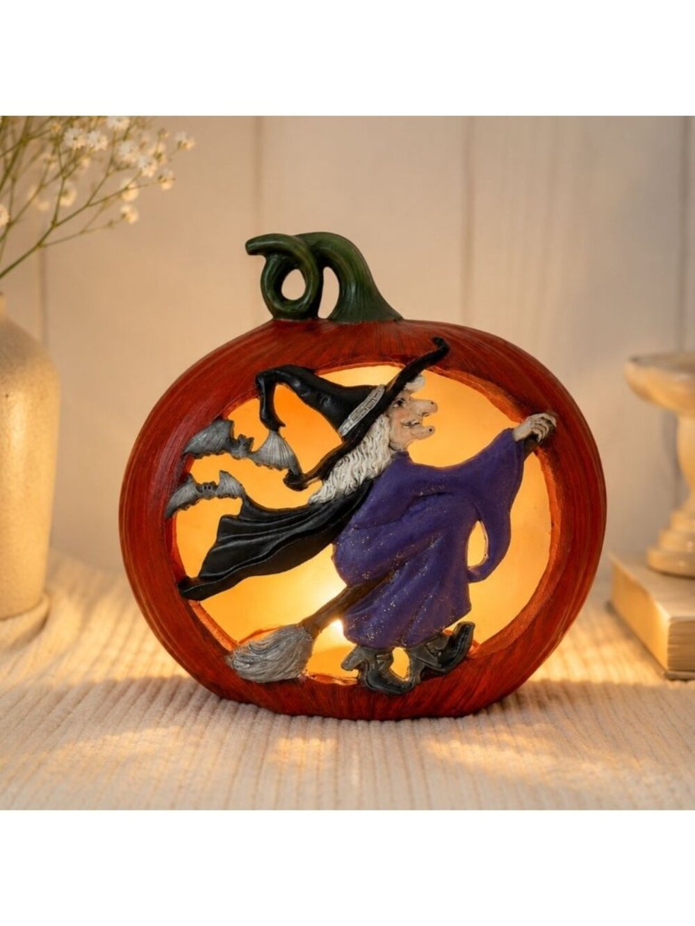 Vintage Halloween Pumpkin Witch Light Up Lamp Ceramic Cut Out Jack O Lantern